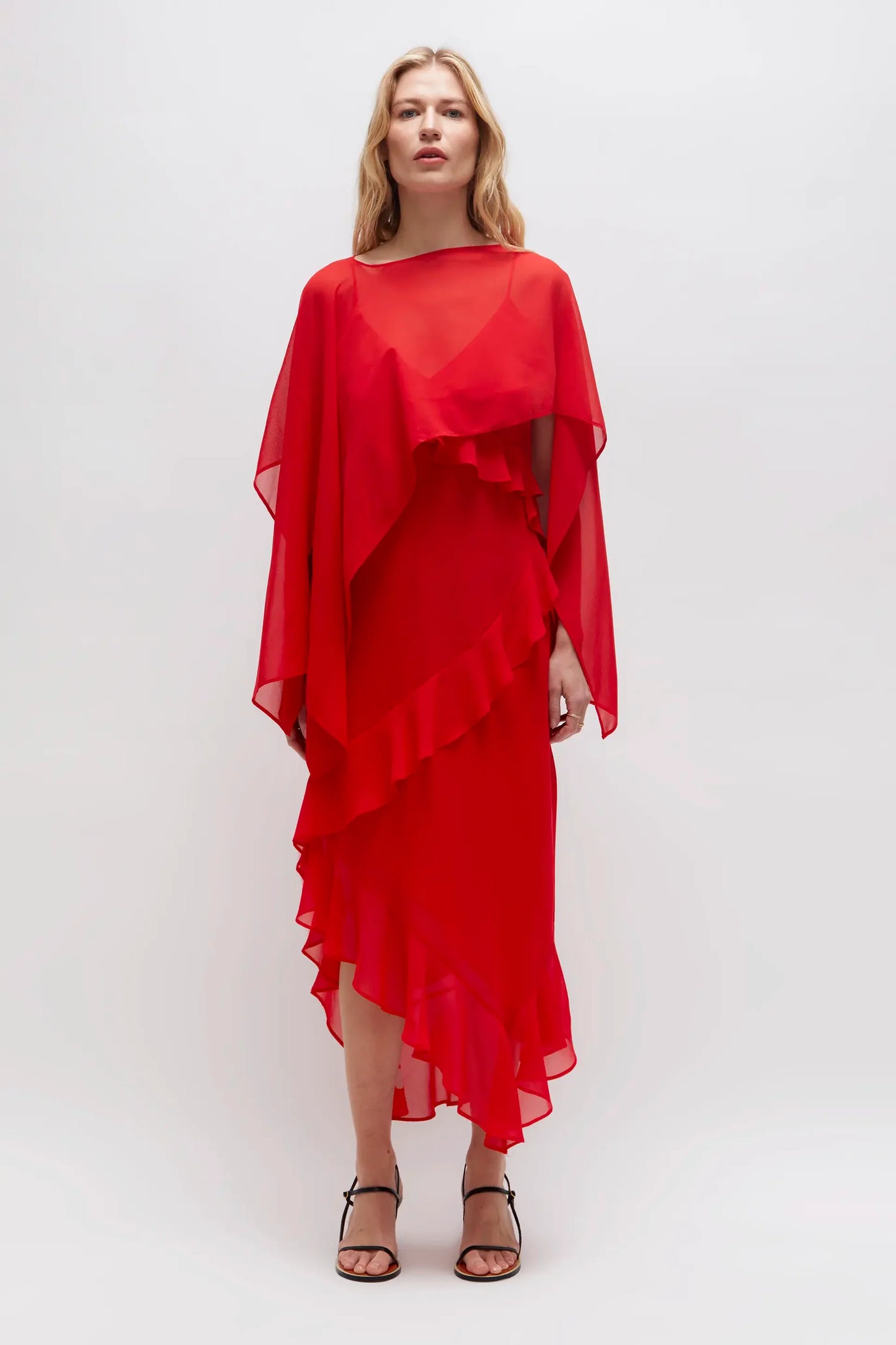 RED CHIFFON MULTI-POSITION CAPE