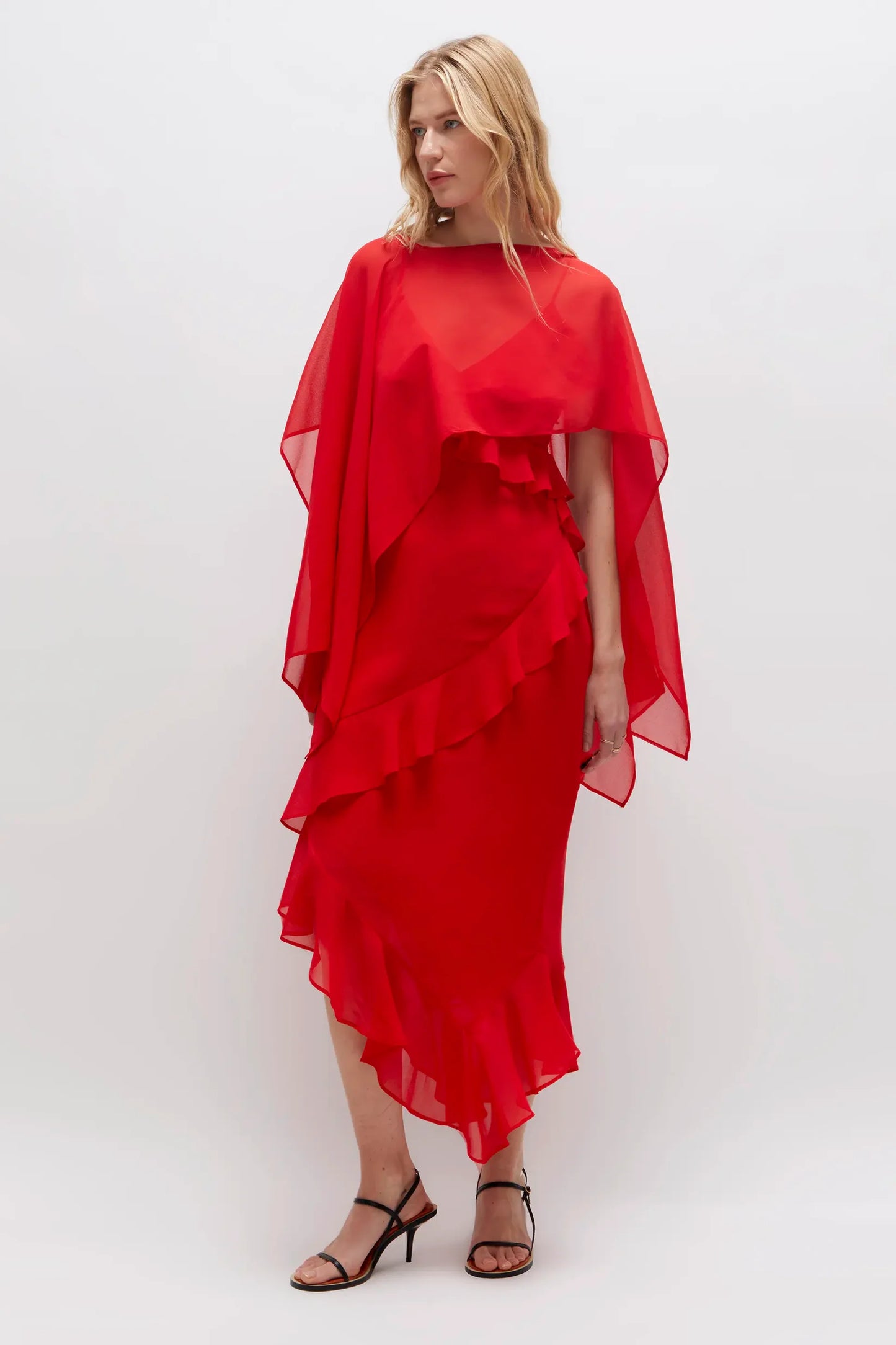 RED CHIFFON MULTI-POSITION CAPE