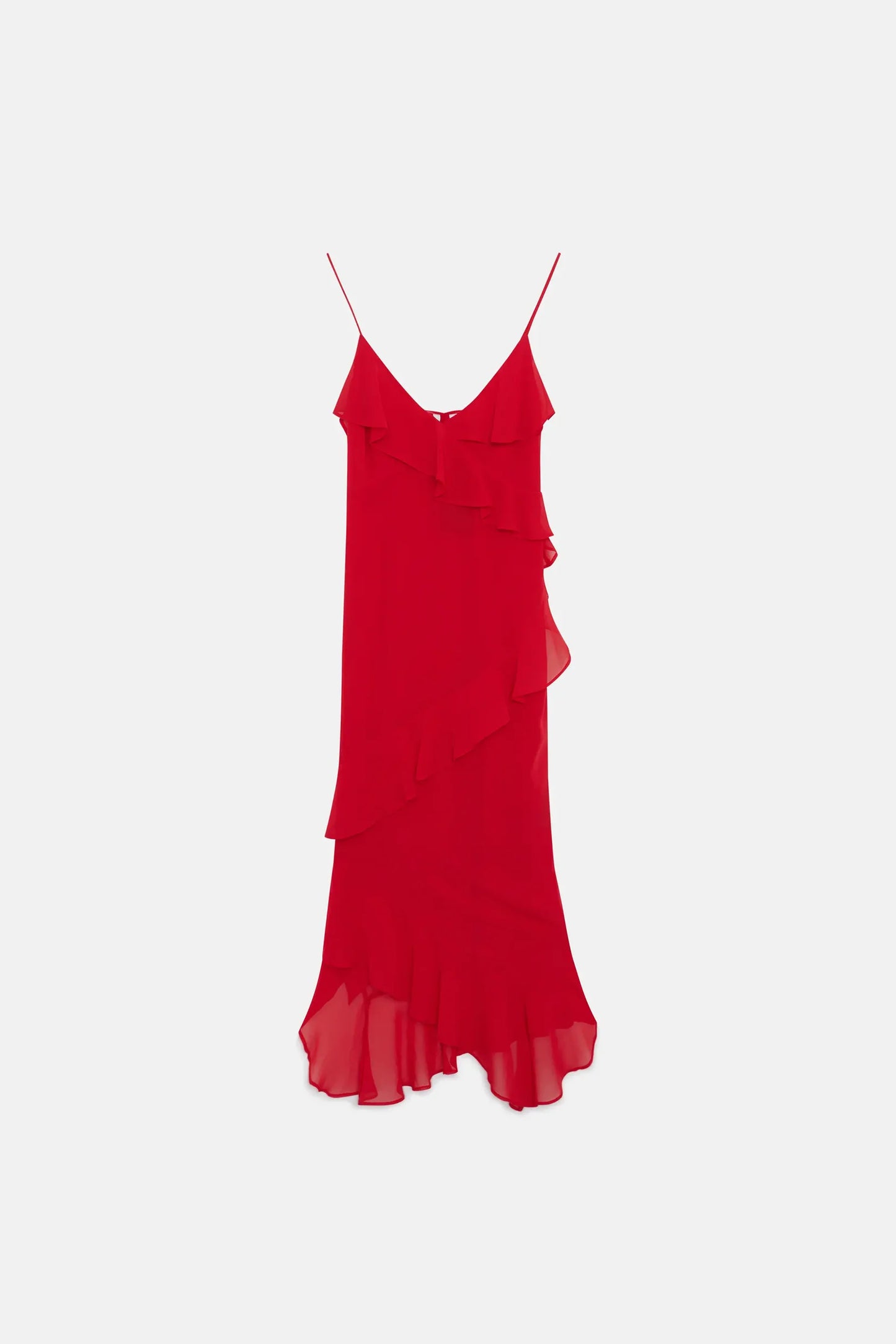 RED RUFFLED CHIFFON MIDI DRESS