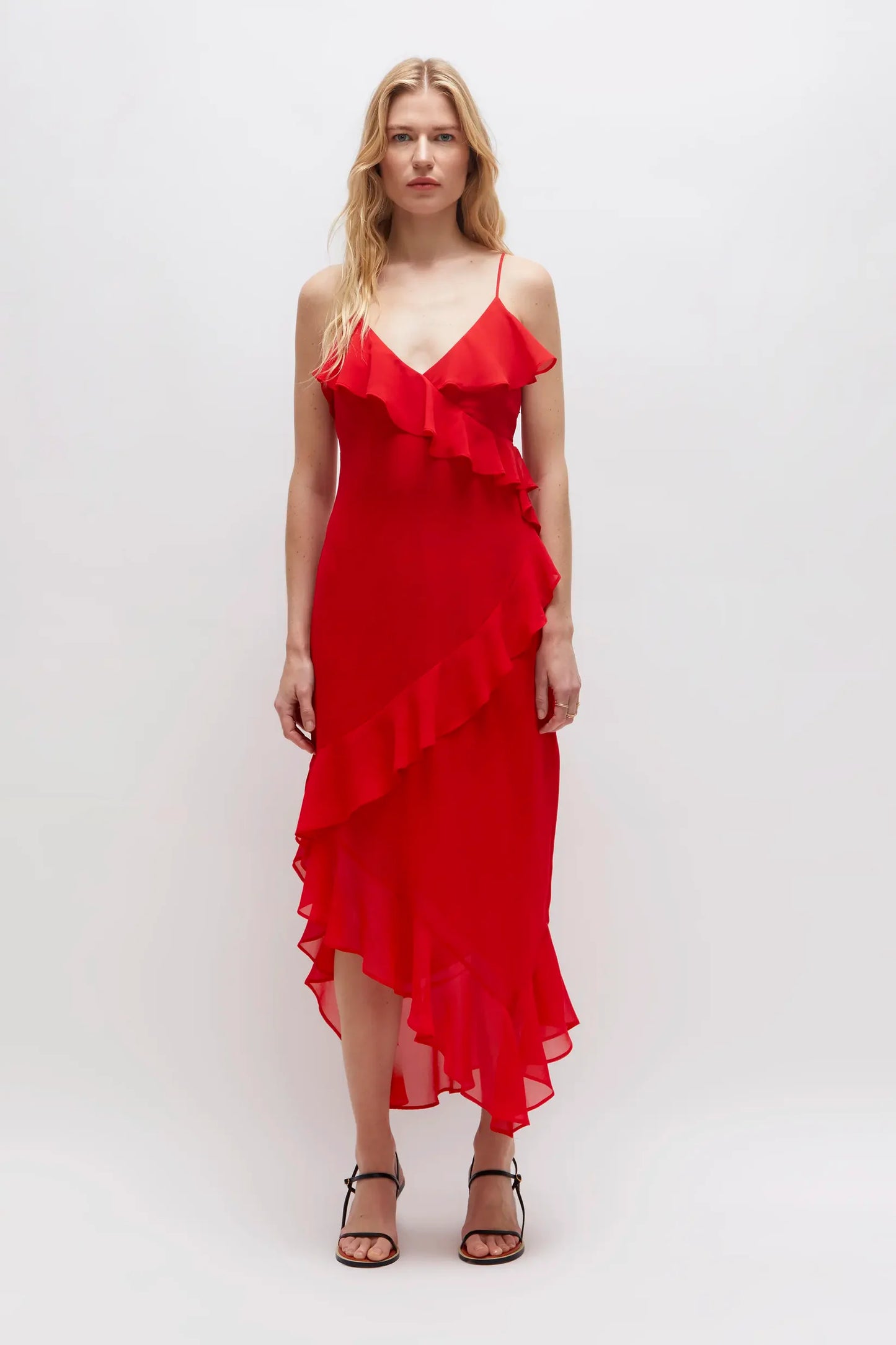 RED RUFFLED CHIFFON MIDI DRESS