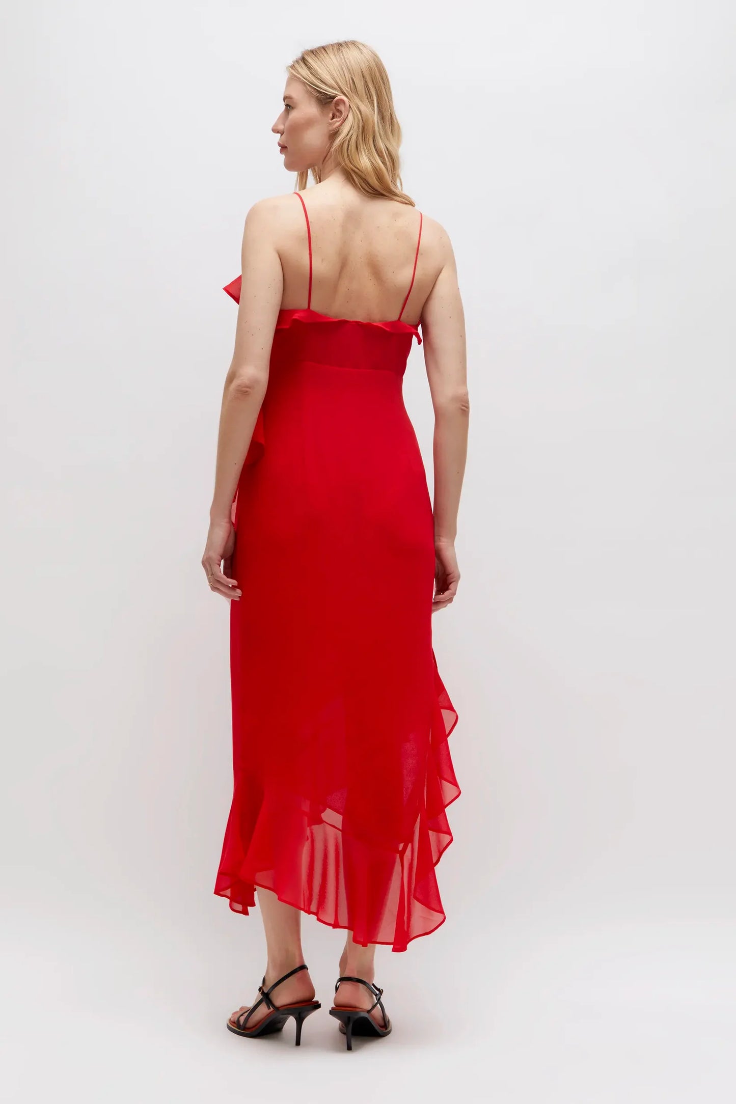 RED RUFFLED CHIFFON MIDI DRESS