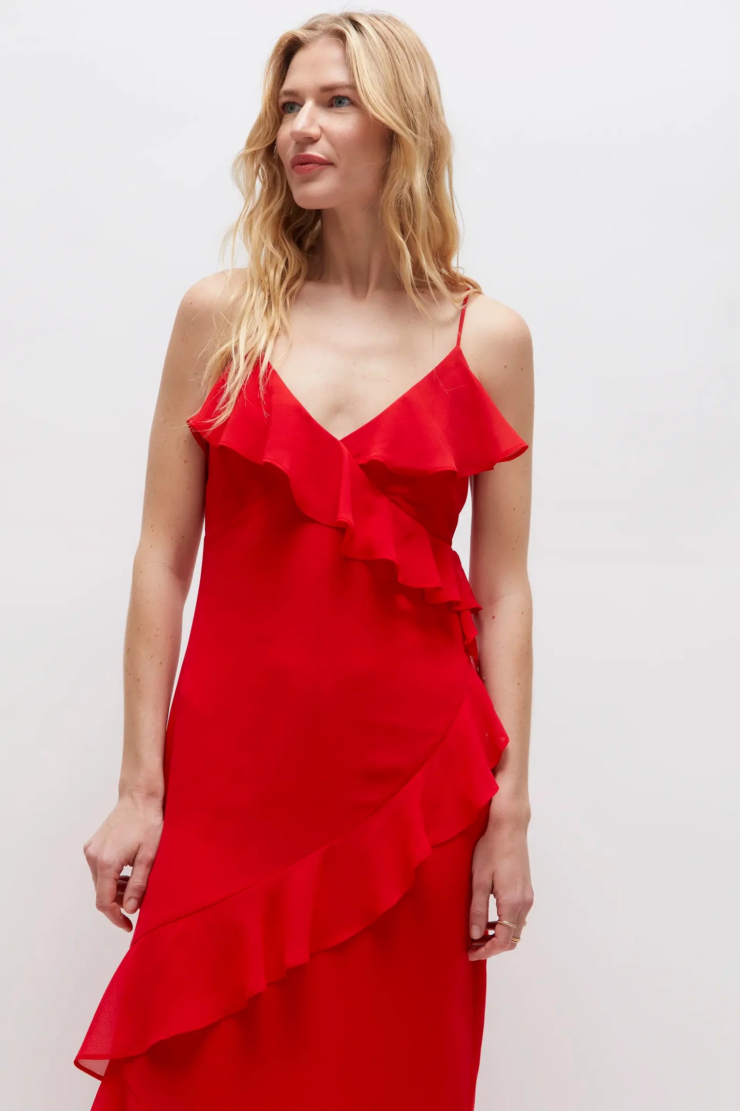 RED RUFFLED CHIFFON MIDI DRESS