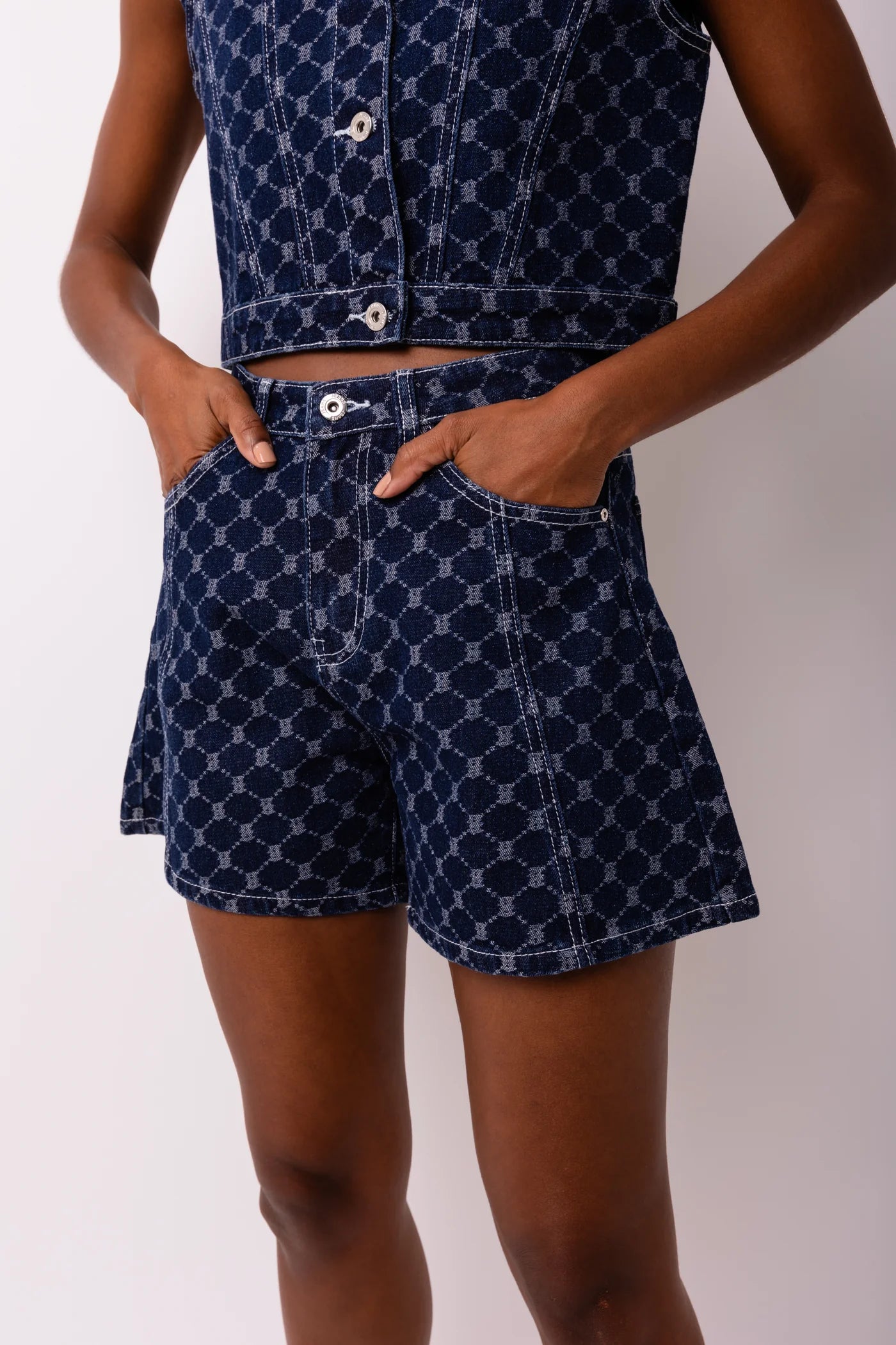 GOLDIE DENIM DIAMOND PATTERN SHORTS